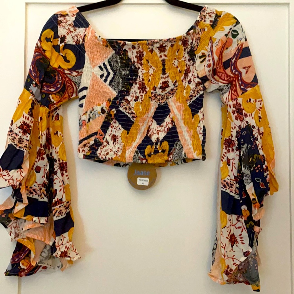Multicolor smocked crop top with bell sleeves